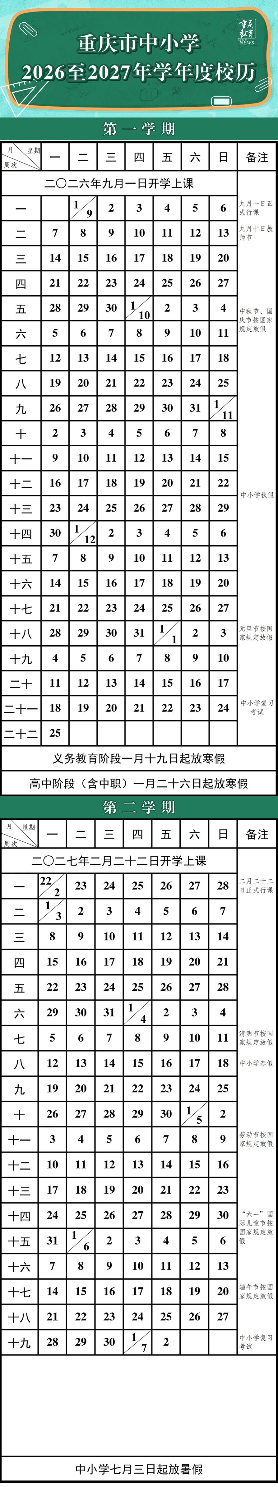 权威发布!重庆市中小学2026至2027年学年度校历上线 权威发布!重庆市中小学2026至2027年学年度校历上线